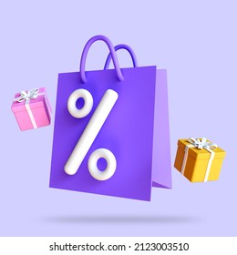 Paper Bags With Big Percent, Promo Code Concept, Earn Point And Get Reward From Online Shopping.
3d Rendering Illustration