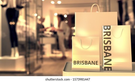 Paper Bags With Brisbane Text. Shopping In Australia Related 3D Rendering