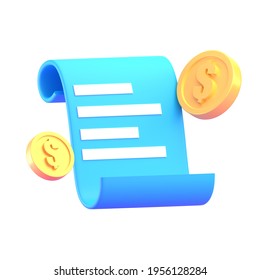 Paper Bill Of Transaction Receipt Payment Icon With Coin 3D Render Illustration