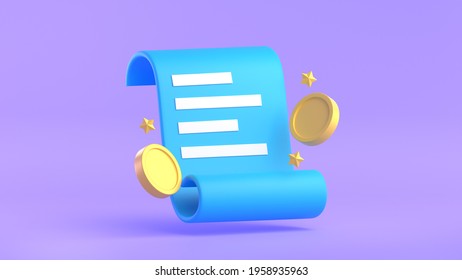 Paper bill of transaction receipt payment icons with coins 3D render illustration