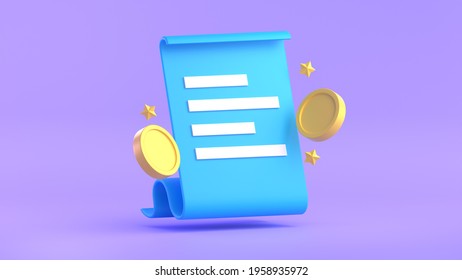 Paper Bill Of Transaction Receipt Payment Icons With Coins 3D Render Illustration