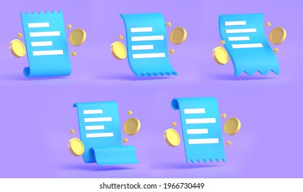 Paper Bill Of Transaction Receipt Payment Icons Set With Coins 3D Render Illustration