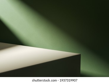 Paper Board Corner At Green Wall Lit By Diagonal Light Stripe. Computer Rendering For Product Placement Background. Known As Plinth Or Pedestal.