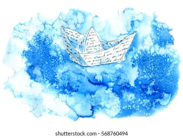 Paper Boat Floating In The Water Stream. Watercolor Hand Drawn Illustration.