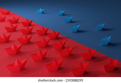 Paper Boats On Red Ocean And Blue Ocean Marketing. Red Boats On Very Competitive Market Many Competitors. Blue Boat Is On A Non-competitive Market Successful Business Strategy. 3D Render Illustration