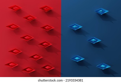 Paper Boats On Red Ocean And Blue Ocean Marketing. Red Boats On Very Competitive Market Many Competitors. Blue Boat Is On A Non-competitive Market Successful Business Strategy. 3D Render Illustration