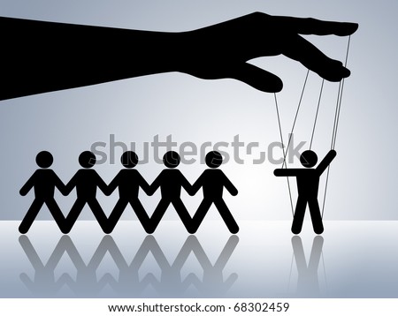 paper chain figures puppet on a string marionette manipulated by bossy manipulator obey orders slave slavery dictator control master exploitation puppeteer control employee