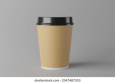 A paper coffee cup with a black lid on grey background. take a way coffee cup for mock up. 