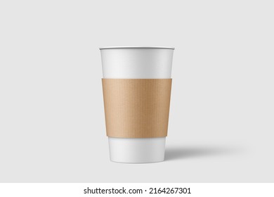 Paper Coffee Cup With Sleeve Mockup Template, Isolated On Light Grey Background. High Resolution 3D Illustration.