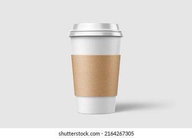 Paper Coffee Cup With Sleeve Mockup Template, Isolated On Light Grey Background. High Resolution 3D Illustration.