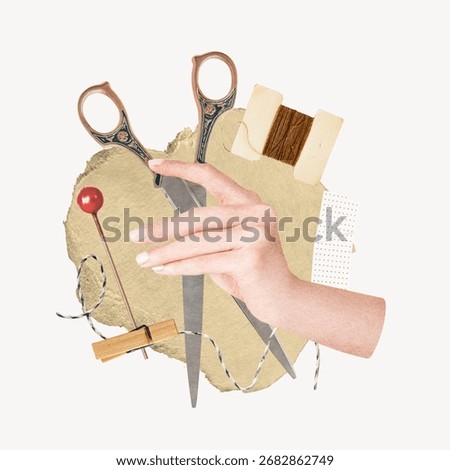 Paper collage with scissors, hand, and thread. Illustration of sewing tools, scissors, and thread. Creative paper collage art. Aesthetic vintage journal paper collage illustration.