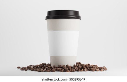 Paper cup of coffee with holder surrounded by beans and standing against white background. 3d rendering. Mock up.