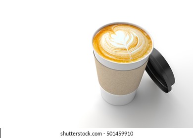 Paper cup of coffee latte on white background. 3D illustration