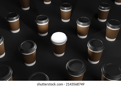 A Paper Cup Of Coffee With A Luminous Lid, The Concept Of A Rare And Unique Drink In A Coffee Shop, 3d Rendering
