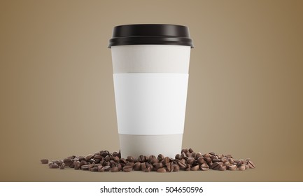 Paper cup of coffee surrounded by beans and standing against beige background. 3d rendering. Mockup.