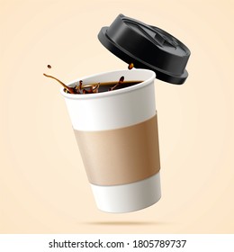 Paper Cup Filled With Black Coffee In 3D Over Beige Background