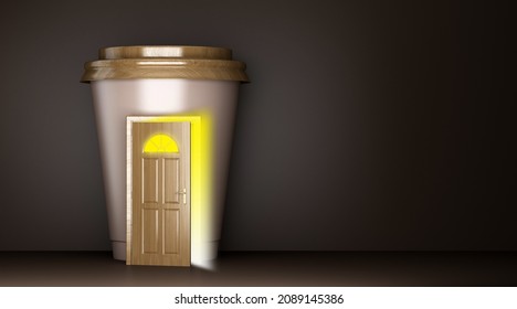 Paper Cup With A Slightly Opened Door Inside. 3d Rendering