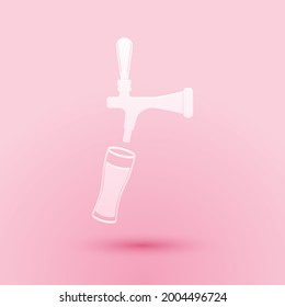 Paper Cut Beer Tap With Glass Icon Isolated On Pink Background. Paper Art Style..