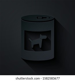 Paper cut Canned food for dog icon isolated on black background. Food for animals. Pet dog food can. Paper art style. 