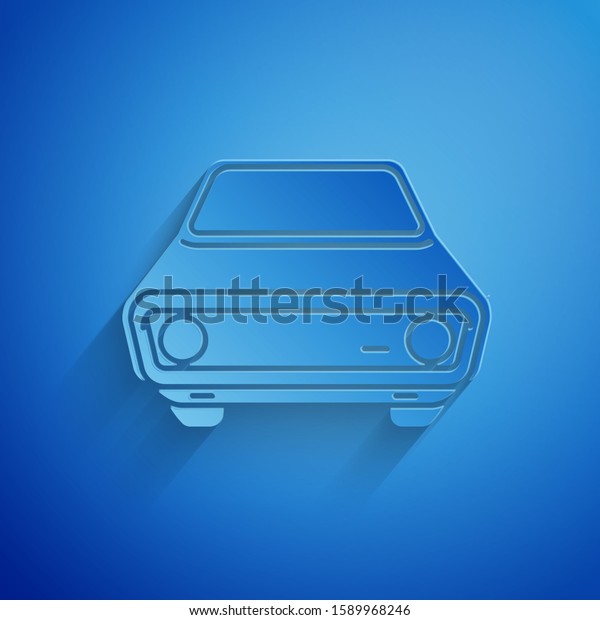 Paper cut Car icon isolated on blue background.\
Front view. Paper art style.\
