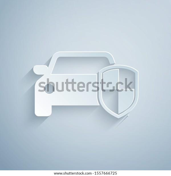 Paper cut Car protection or\
insurance icon isolated on grey background. Protect car guard\
shield. Safety badge vehicle icon. Security auto label. Paper art\
style