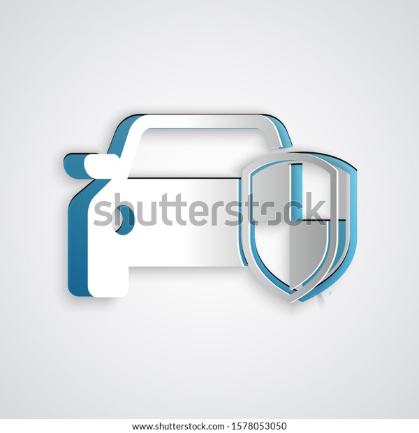 Paper cut Car protection or\
insurance icon isolated on grey background. Protect car guard\
shield. Safety badge vehicle icon. Security auto label. Paper art\
style. 