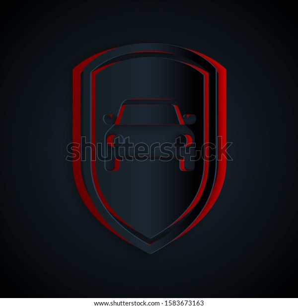 Paper cut Car protection or\
insurance icon isolated on black background. Protect car guard\
shield. Safety badge vehicle icon. Security auto label. Paper art\
style. 
