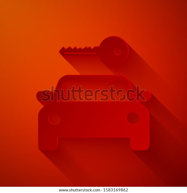 Paper cut Car rental icon\
isolated on red background. Rent a car sign. Key with car. Concept\
for automobile repair service, spare parts store. Paper art style.\
