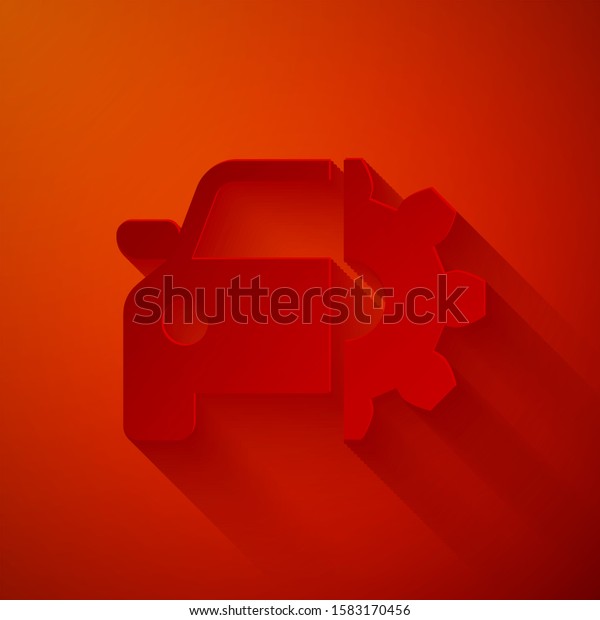 Paper cut Car service\
icon isolated on red background. Auto mechanic service. Mechanic\
service. Repair service auto mechanic. Maintenance sign. Paper art\
style. 