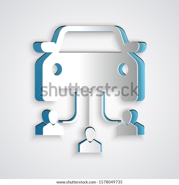 Paper cut Car sharing with group of\
people icon isolated on grey background. Carsharing sign. Transport\
renting service concept. Paper art style.\
