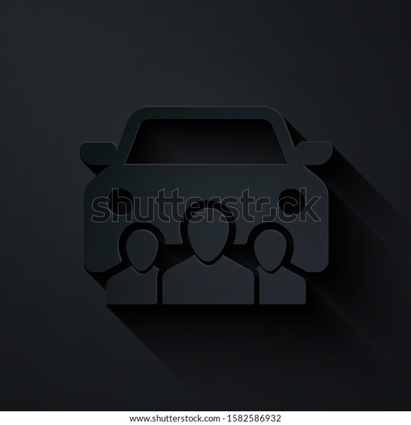 Paper cut Car sharing with group of\
people icon isolated on black background. Carsharing sign.\
Transport renting service concept. Paper art style.\
