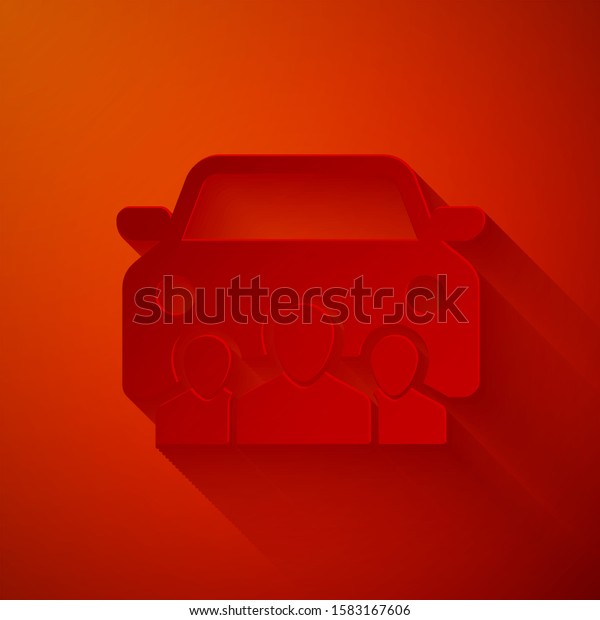 Paper cut Car sharing with group of\
people icon isolated on red background. Carsharing sign. Transport\
renting service concept. Paper art style.\

