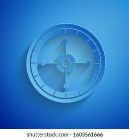 Paper Cut Casino Roulette Wheel Icon Isolated On Blue Background. Paper Art Style. 