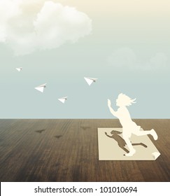 Paper Cut Of Child On Wood Table With Sky