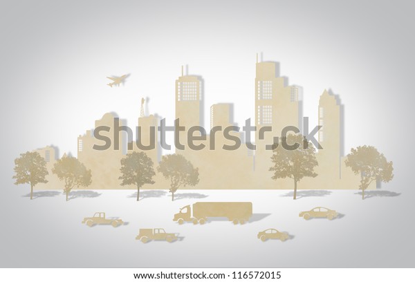 Paper cut of\
cities with tree , car and\
plane