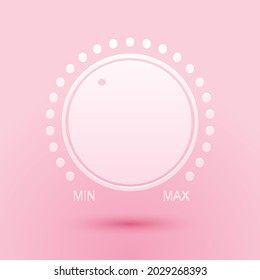 Paper Cut Dial Knob Level Technology Settings Icon Isolated On Pink Background. Volume Button, Sound Control, Music Knob With Scale, Analog Regulator. Paper Art Style. .