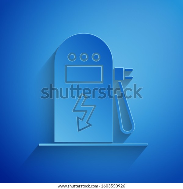 Paper cut\
Electric car charging station icon isolated on blue background. Eco\
electric fuel pump sign. Paper art style.\
