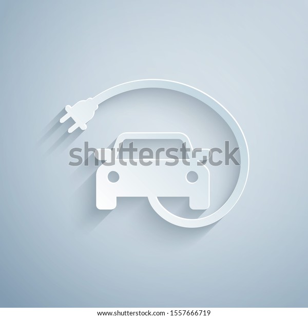 Paper cut Electric car and electrical cable plug\
charging icon isolated on grey background. Renewable eco\
technologies. Paper art\
style
