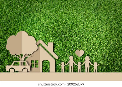  Paper cut of family on green grass