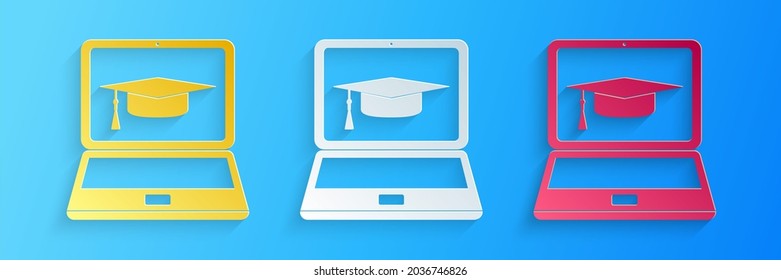 Paper Cut Graduation Cap And Laptop Icon Isolated On Blue Background. Online Learning Or E-learning Concept Icon. Paper Art Style. .