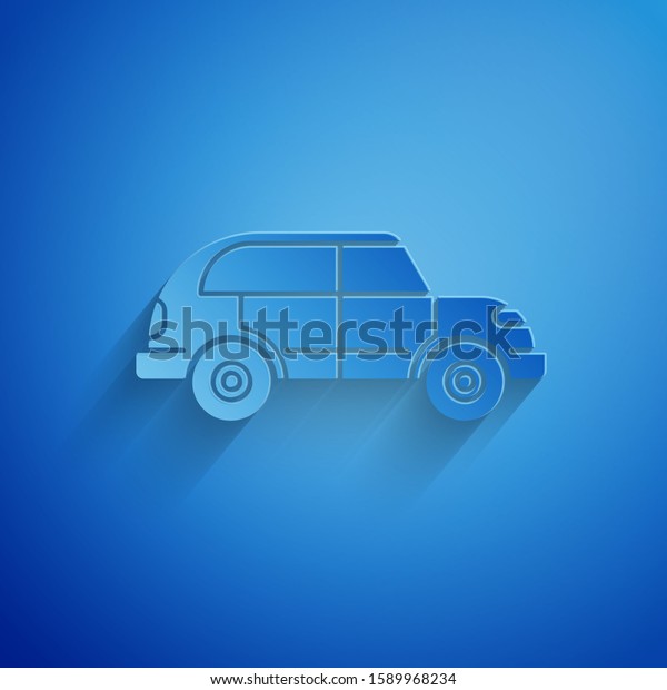 Paper cut Hatchback car icon isolated on blue
background. Paper art style.
