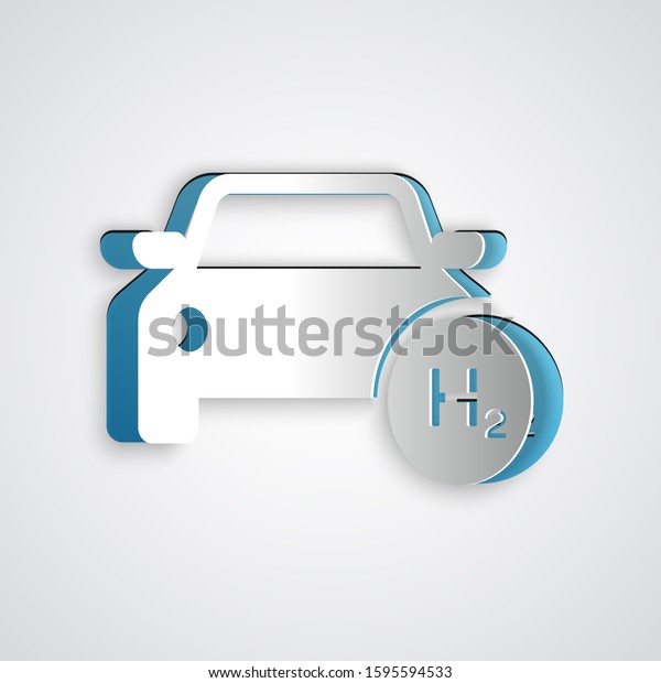 Paper cut Hydrogen car icon isolated on\
grey background. H2 station sign. Hydrogen fuel cell car eco\
environment friendly zero emission. Paper art style.\

