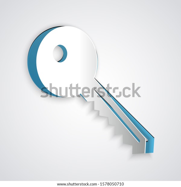 Paper cut Key icon isolated on grey background. Paper\
art style. 