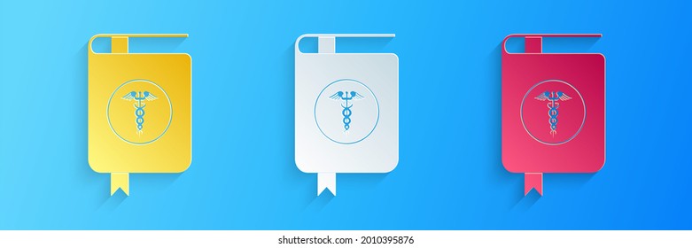 Paper Cut Medical Book And Caduceus Medical Icon Isolated On Blue Background. Medical Reference Book, Textbook, Encyclopedia. Scientific Literature. Paper Art Style..