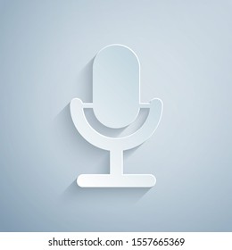 Paper Cut Microphone Icon Isolated On Grey Background. On Air Radio Mic Microphone. Speaker Sign. Paper Art Style