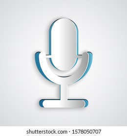 Paper Cut Microphone Icon Isolated On Grey Background. On Air Radio Mic Microphone. Speaker Sign. Paper Art Style. 