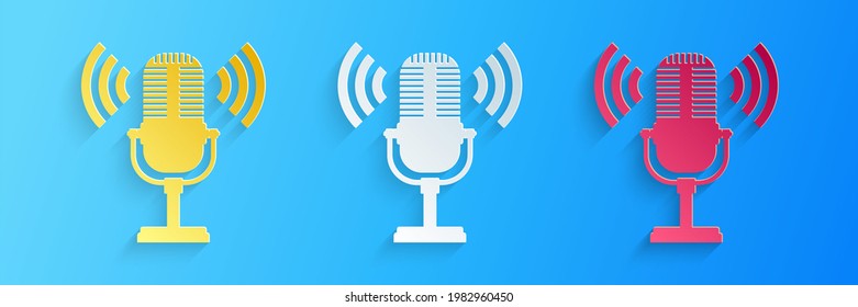 Paper Cut Microphone Icon Isolated On Blue Background. On Air Radio Mic Microphone. Speaker Sign. Paper Art Style..