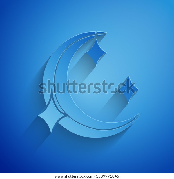 Paper cut Moon and stars icon isolated on blue
background. Paper art style.
