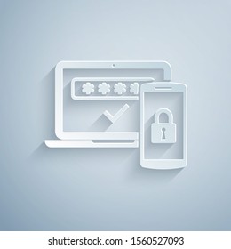 Paper Cut Multi Factor, Two Steps Authentication Icon Isolated On Grey Background. Paper Art Style
