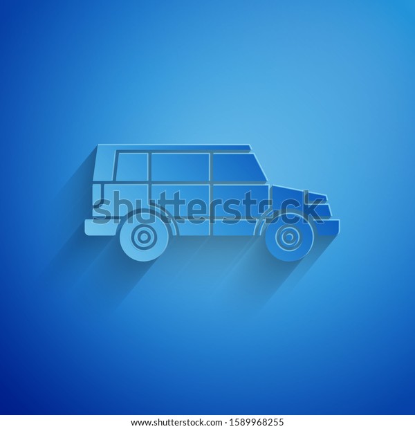 Paper cut Off road car icon isolated on blue\
background. Jeep sign. Paper art style.\
